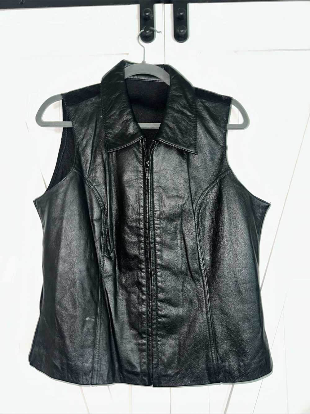 Black Leather Zip-Front Sleeveless Jacket